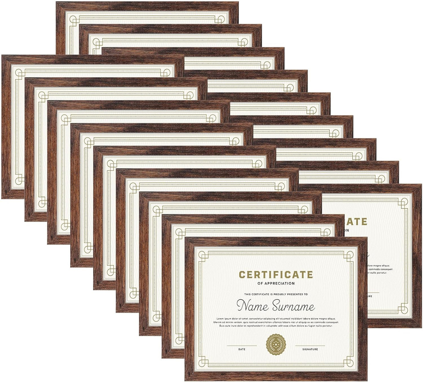 PETAFLOP Wooden Bulk 8.5x11 Picture Frame Set of 18, Rustic Brown Certificate Frames Fits 8.5 by 11 for Wall or Tabletop Display