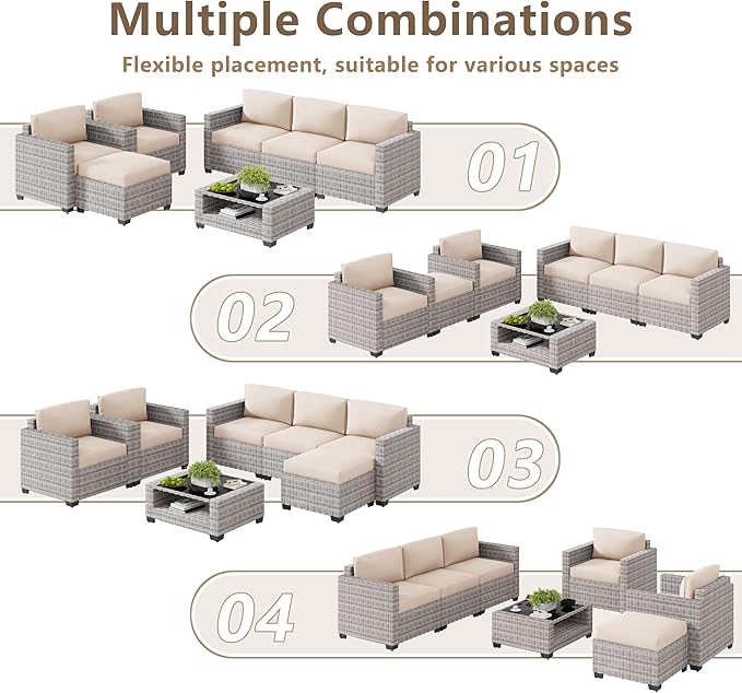 LOUVIXA 7 Piece Outdoor Patio Furniture Set, Rattan Chairs Glass Table Wicker - Image 4