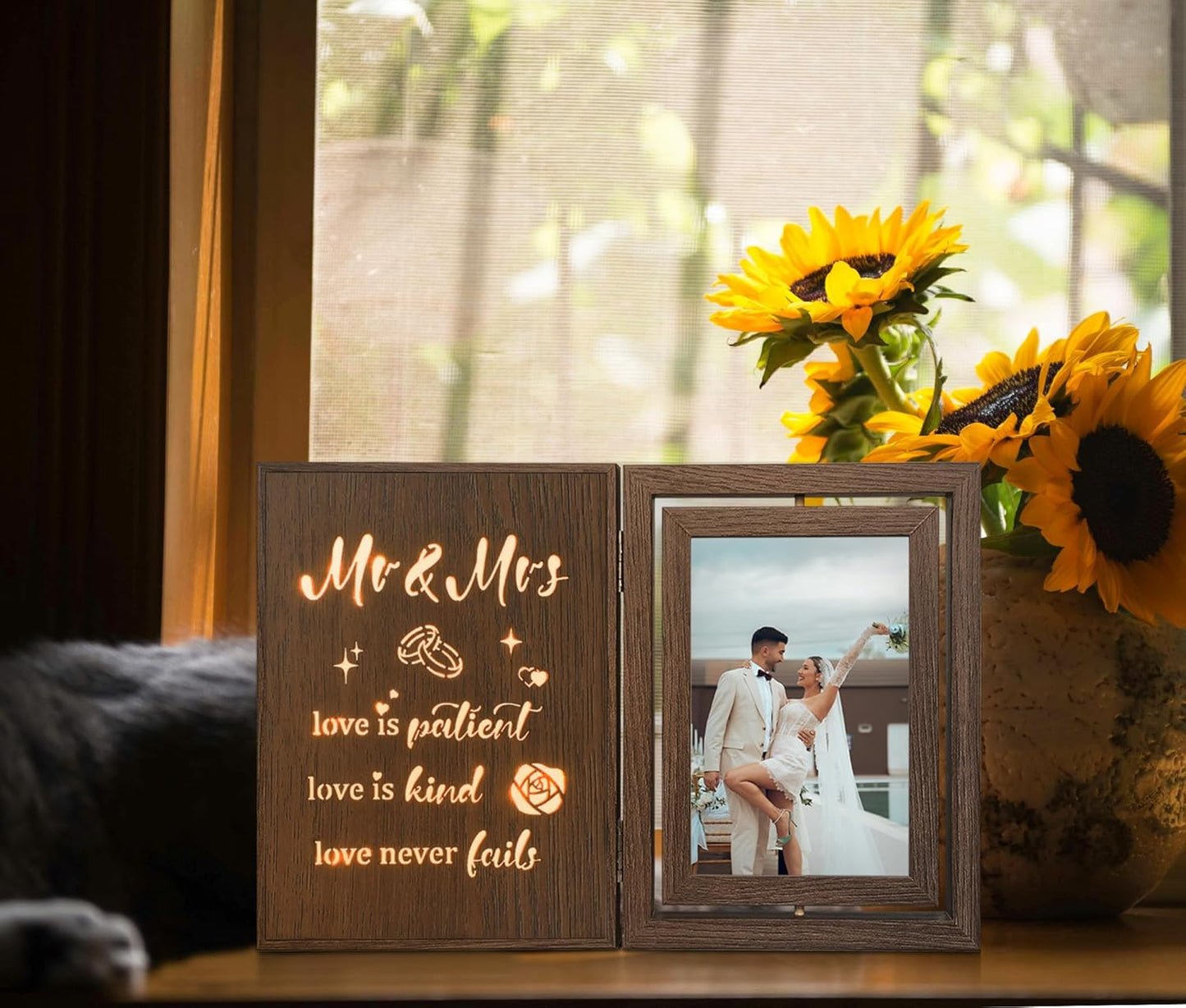Light Up Wedding Picture Frame for Couples – Wooden Rotating Glowing 4x6 Double Photo Frame with MR & MRS Quote, Rustic Wedding Gifts for Newlyweds & Bridal Shower Gifts