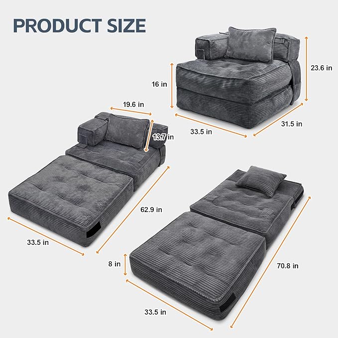 Folding Sofa Bed Chair with Armrests, Convertible Futon Couch Sleeper Chair - Image 2