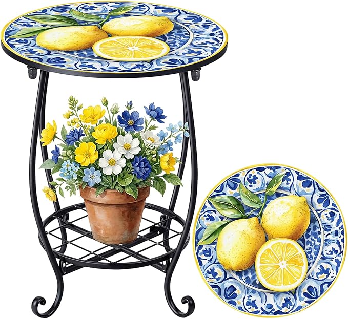 Cinnvoice Outdoor Side Table Round Small Mosaic Patio Accent Indoor End Plant by Cinnvoice
