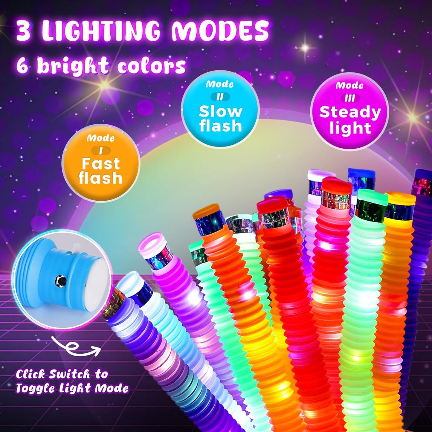 LovesTown 12PCS Glow Sticks Party Favors for Kids, Glow in the Dark Party Supplies, Light Up Pop Tubes for Toddlers Halloween Christmas Birthday Dance Camp, Goodie Bags Stuffers