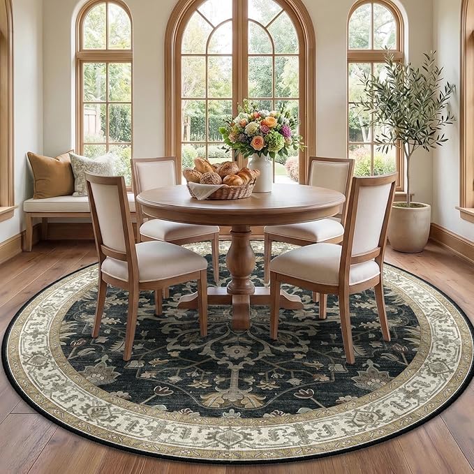 RELEANY Area Rugs Round 7ft Washable Non-Slip, Floral Vintage Distress Print by RELEANY