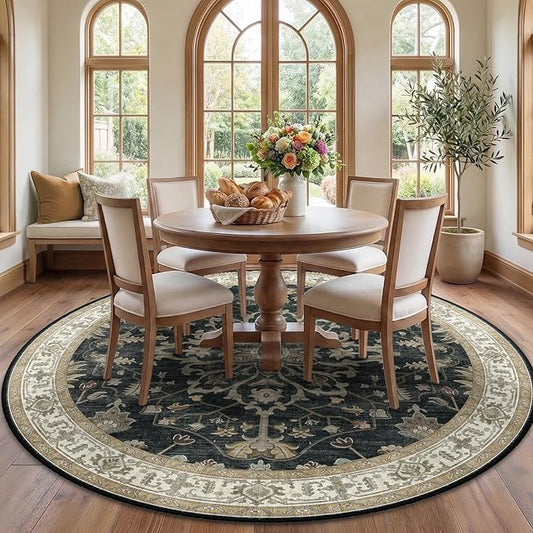 RELEANY Area Rugs Round 7ft Washable Non-Slip, Floral Vintage Distress Print by RELEANY