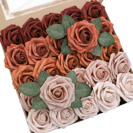 Floroom Artificial Flowers 25pcs Real Looking Terracotta Ombre Colors Foam Fake Roses with Stems for DIY Wedding Bouquets Bridal Shower Floral Centerpieces Party Tables Home Decorations