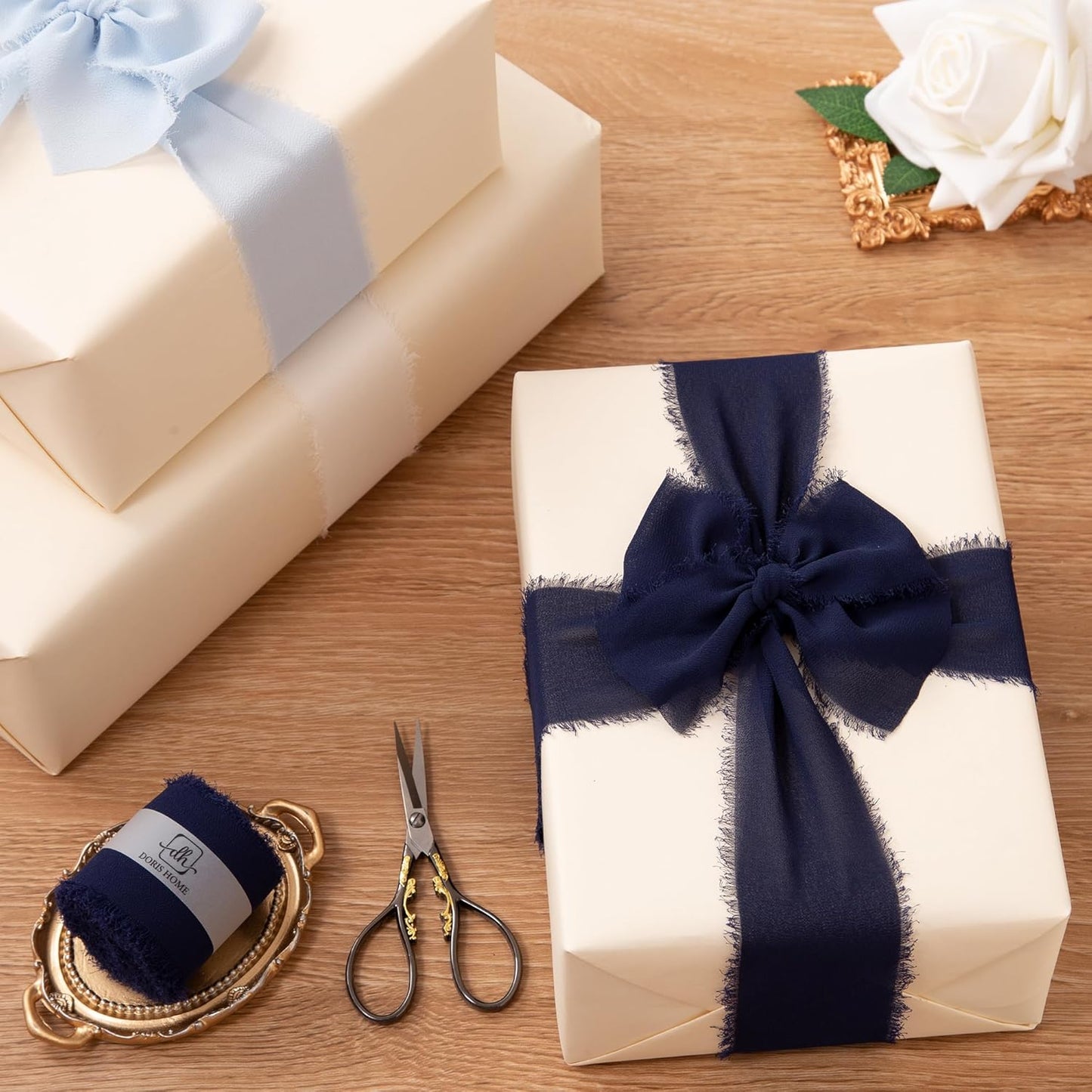 DORIS HOME Dark Navy Chiffon Ribbon for Flower Bouquet, 2" x21Yd Fabric Ribbon for Gift Wrapping, Handmade Frayed Ribbon for Wedding/Christmas Decorations