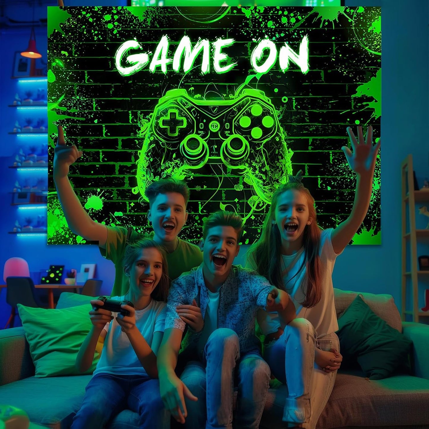 Mocsicka Game On Backdrop Video Game for Boys Level Up Birthday Party Decoration Game Night Arcade Neon Glow Gamer Banner Photography Background (Green, 7x5ft(82"x60"))