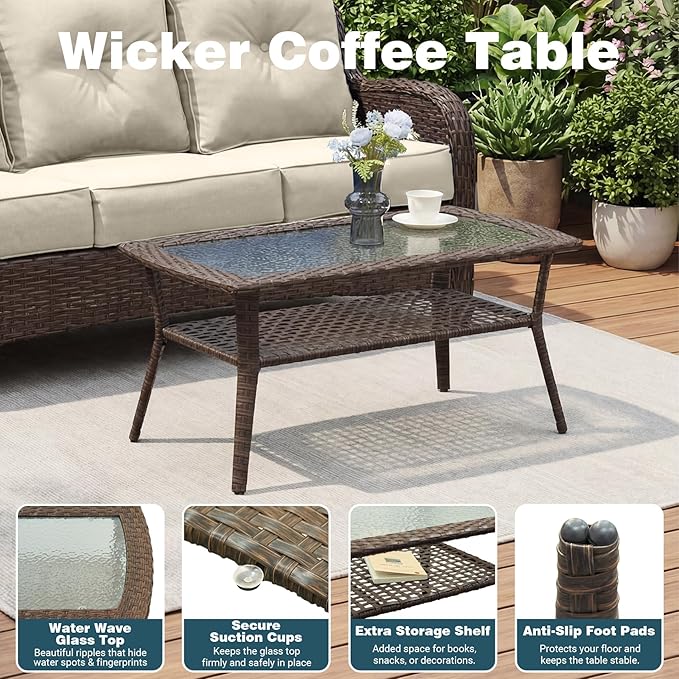 Patio Furniture Set, High Back Rattan Sofa & Swivel Rocker Chairs, Weather - Image 8