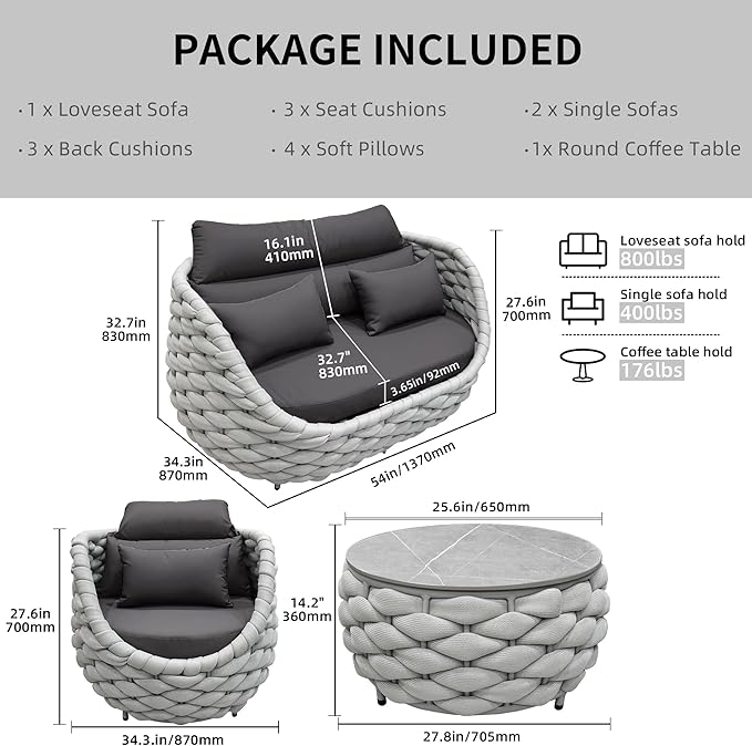 TWT Patio Furniture Set 4 Pieces Aluminum Outdoor Furniture w/27.8in Coffee - Image 3