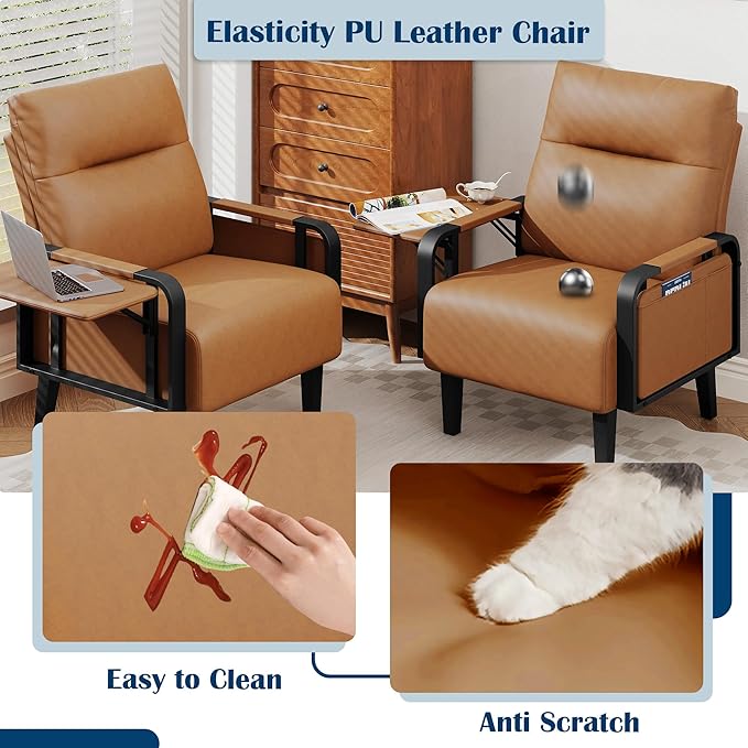Andeworld Modern Brown Accent Chair, PU Leather Upholstered Armchair Side Chair - Image 5