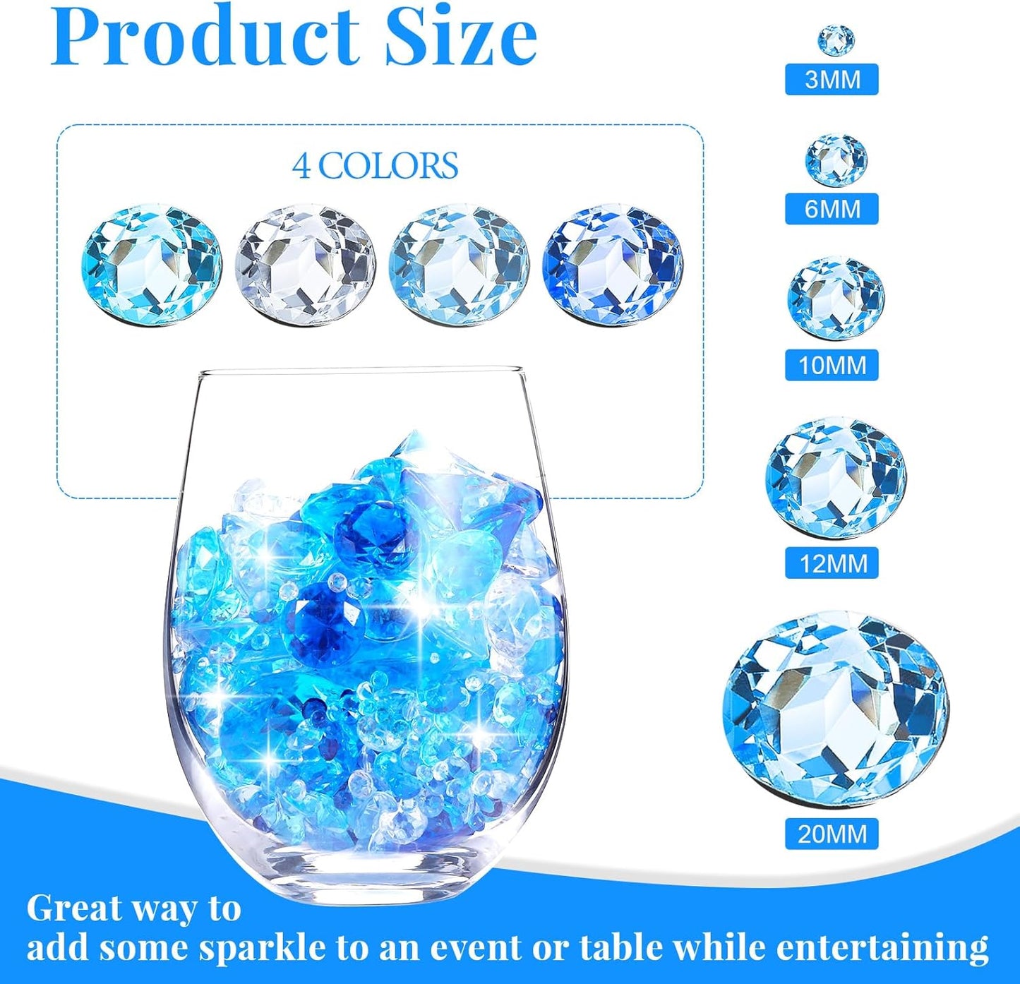 Hicarer 800 Pieces Diamond Decorations Acrylic Diamond Table Scatter Crystals for Table for Vase Fillers Party Decorations(20, 12, 10, 6, 3mm,Gradient Blue)