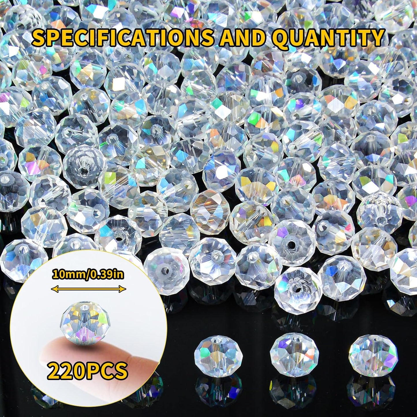 220Pcs 10mm Crystal Glass Beads for Jewelry Making Beads for Bracelets Necklace Pendants Making Supplies(White AB Color)