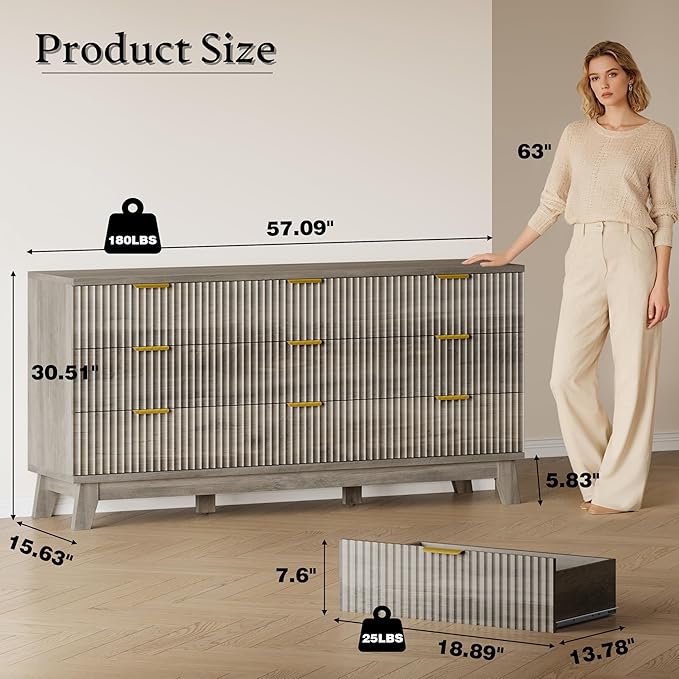 BORNOON Fluted 9 Drawer Dresser, 57.1" Wide Modern Boho Chest of Drawers - Image 2