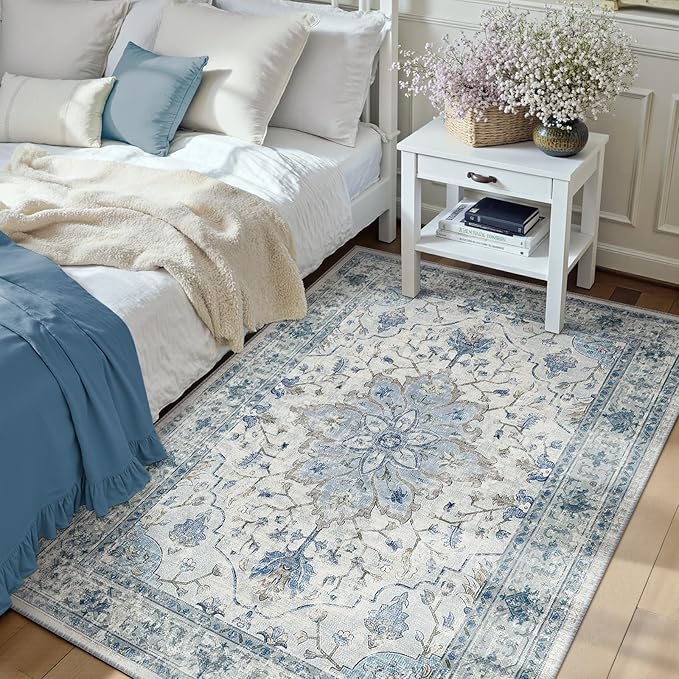 RELEANY Area Rugs 3'x5' Washable Non-Slip, Floral Vintage Distress Print by RELEANY