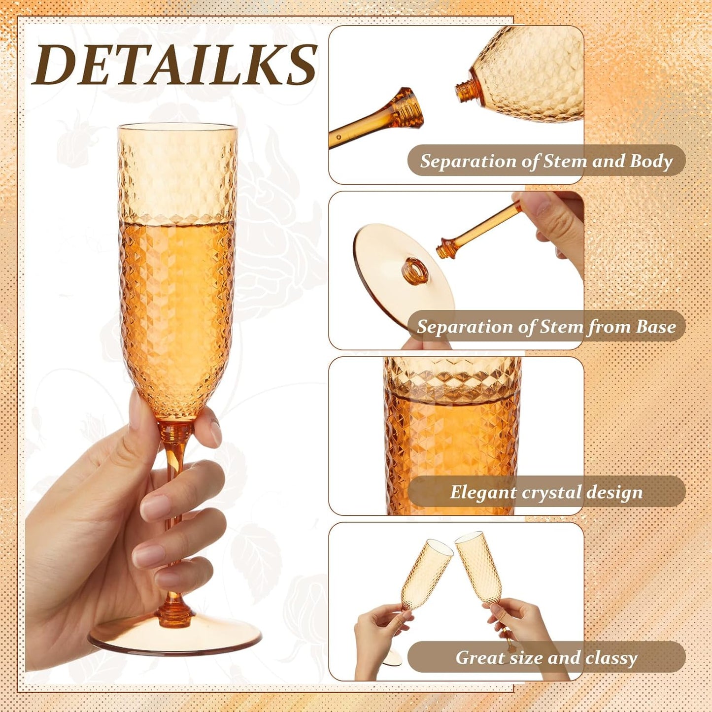 Remerry 24 Pack Detachable Plastic Champagne Flutes 5.5 oz Champagne Glasses Wedding Toasting Crystal Glasses Reusable Unbreakable Party Wine Cups for Wedding New Years Eve Party Supplies