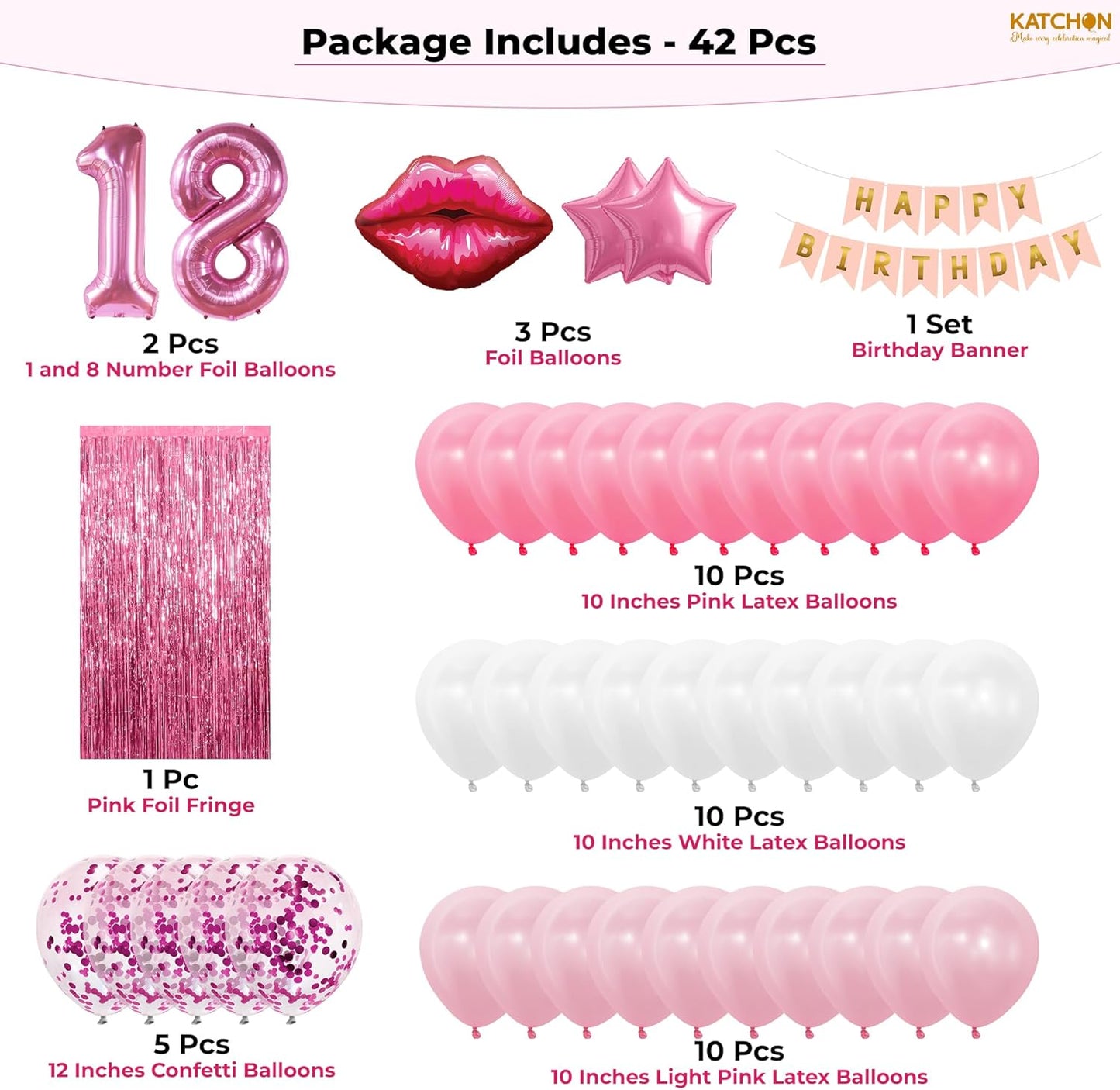 KatchOn, Pink 18th Birthday Decorations with Lip & Star Balloons – Pack of 42 | Happy Birthday Banner & Lip Decor | 18th Happy Birthday Decorations for Women, Girls & Her | Pink Party Decorations