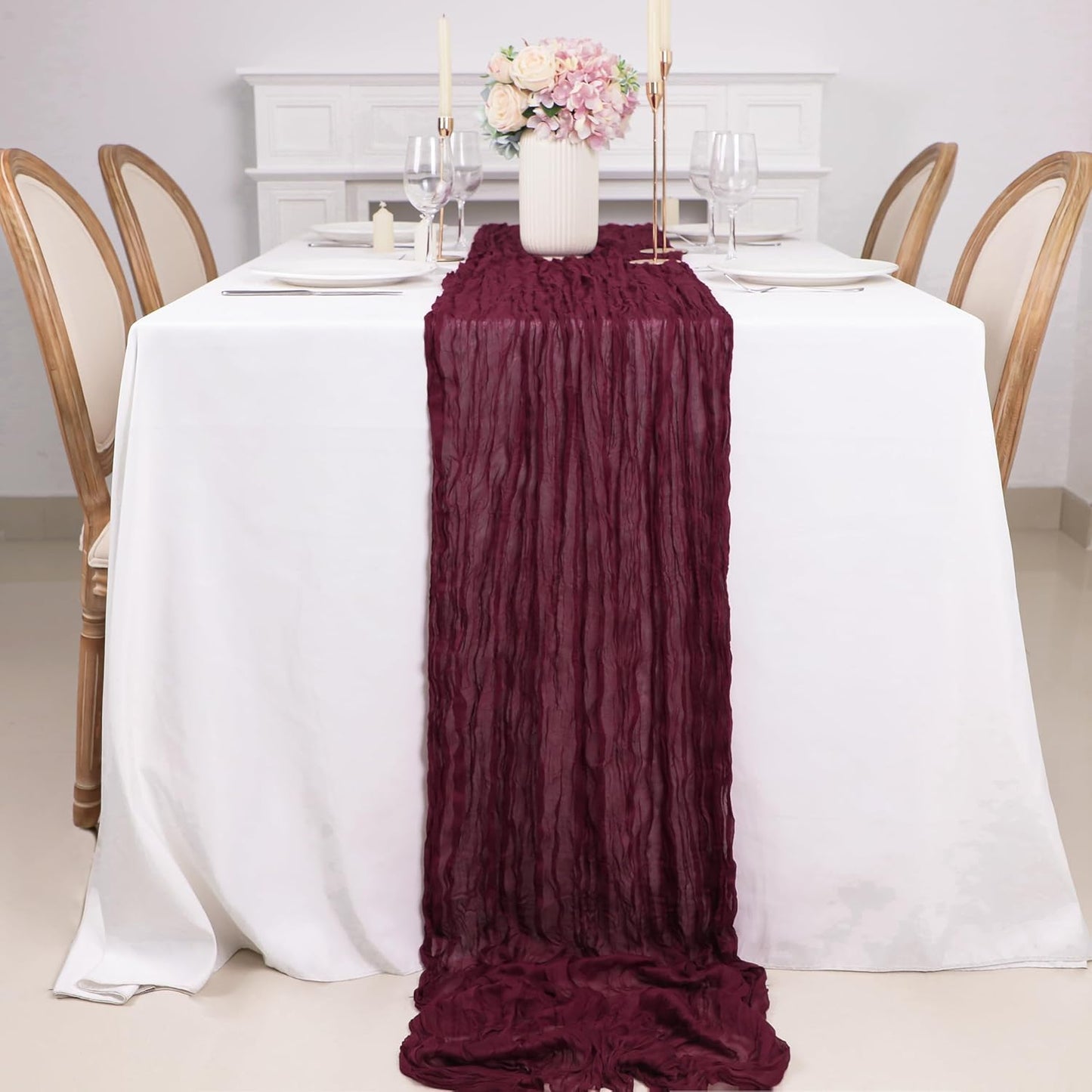 Snowkingdom 6PCS 10 Ft Burgundy Red Cheesecloth Table Runner, 120inch Long Cheese Cloth Boho Gauze Runner for Wedding Bridal Baby Shower Birthday Valentines Sheer Table Decorations