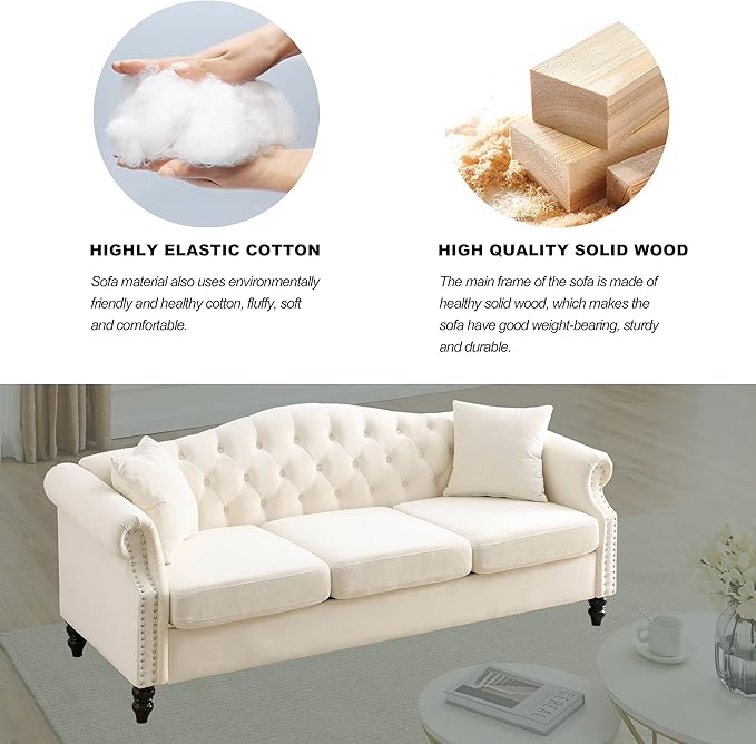 79" 2 Piece 3-Seater Velvet Chesterfield Sofa - Image 3