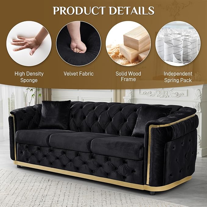 DAMAIFROM Velvet Couch Black and Gold Sofa Luxury Loveseat 84.6" Mid Century - Image 4