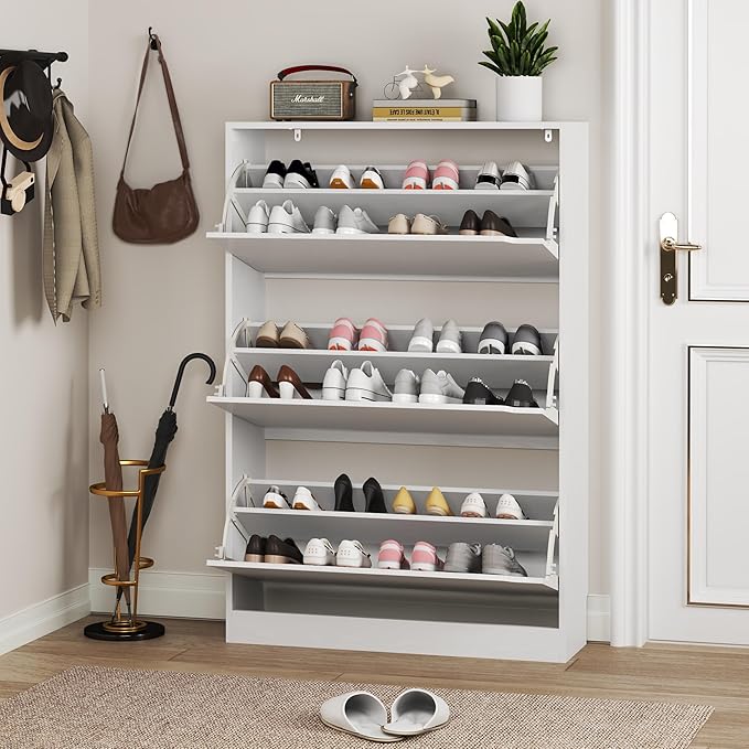 BORNOON Shoe Cabinet with 3 Flip Drawers, Hidden Wood Shoe Cabinet, - Image 7