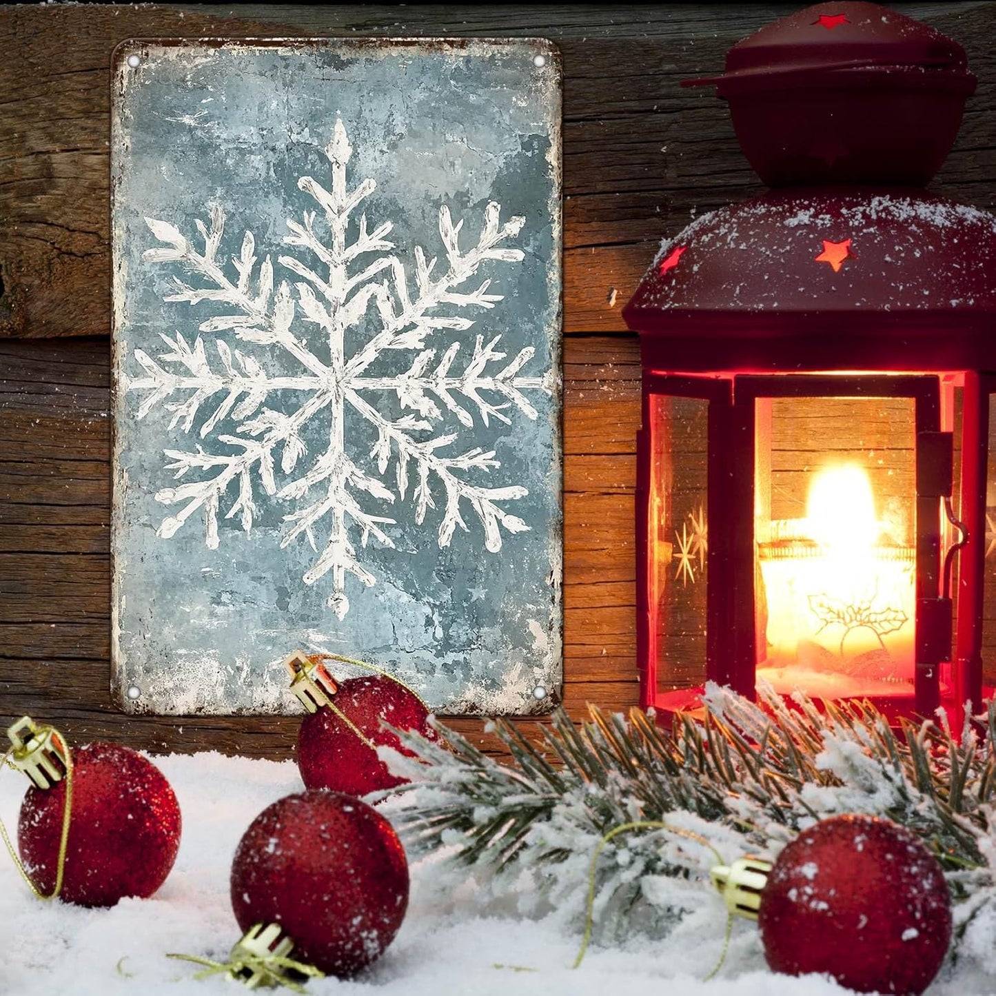 Vintage Christmas Tin Sign - Winter Snowflakes Metal Tin Sign - Wall Decor Sign for Outdoor Snowflake Christmas Decoration - 8x12Inch