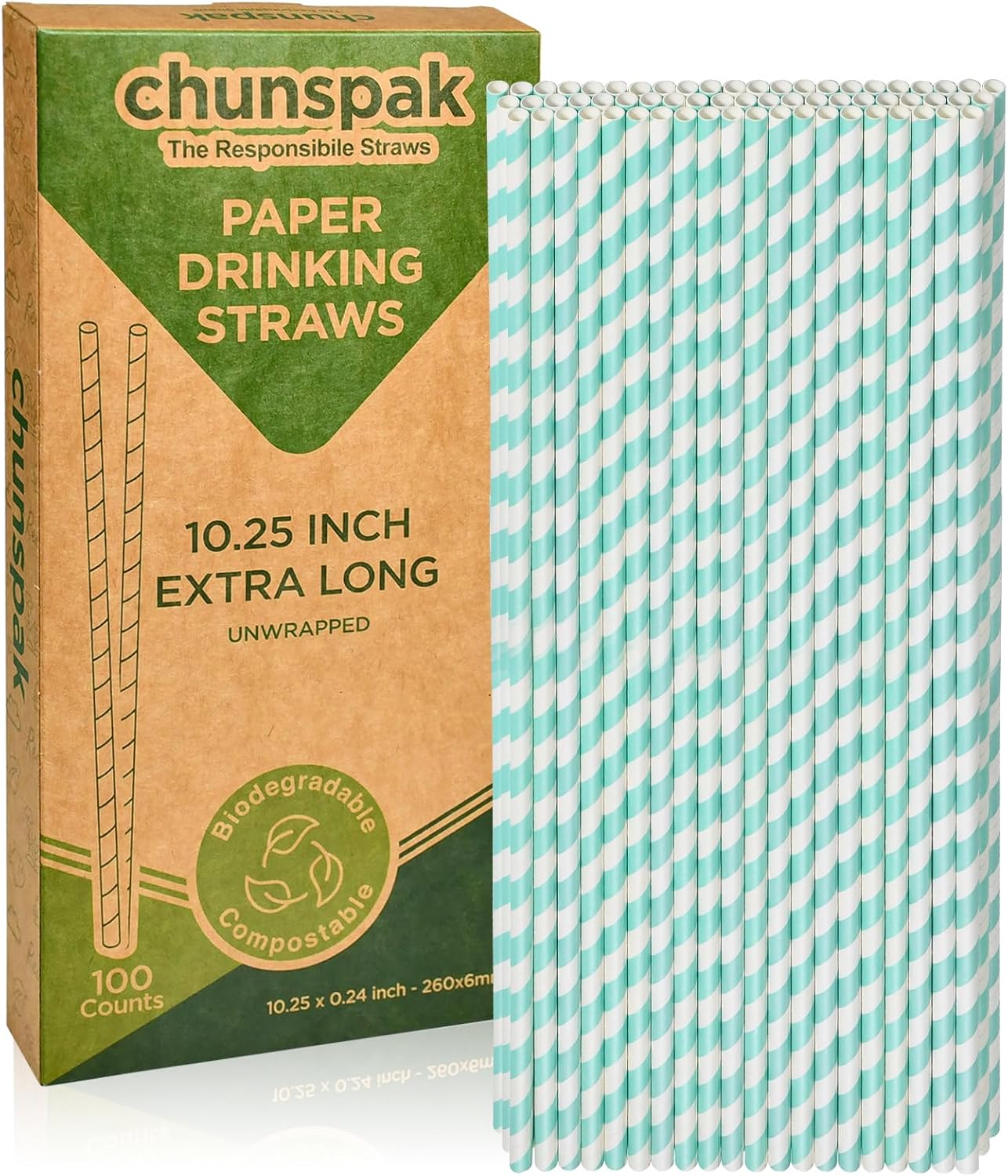 Aqua Paper Straws 10 Inch Extra Long - for Tall Drinks, Baby Shower, Parties, Cocktails - 100 Counts