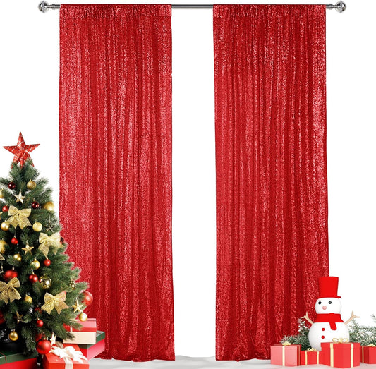 Hahuho Red Sequin Backdrop Curtain, 2PCS 2FTx8FT Glitter Backdrop Curtain for Parties, Christmas, Wedding, Party Decoration（2 Panels, 2FT x 8FT, Red