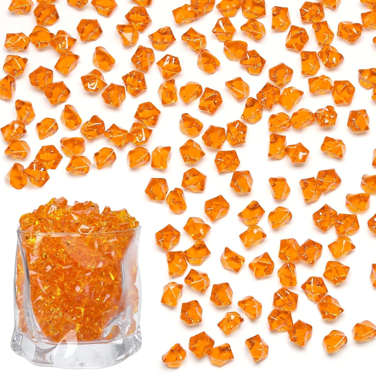 LAIDANLA 500PCS Orange Acrylic Gems Vase Fillers Plastic Diamonds Orange Fake Ice Cubes Fake Crushed Rocks for Centerpiece DIY Party Table Scatter Prop Wedding Decoration Accessories