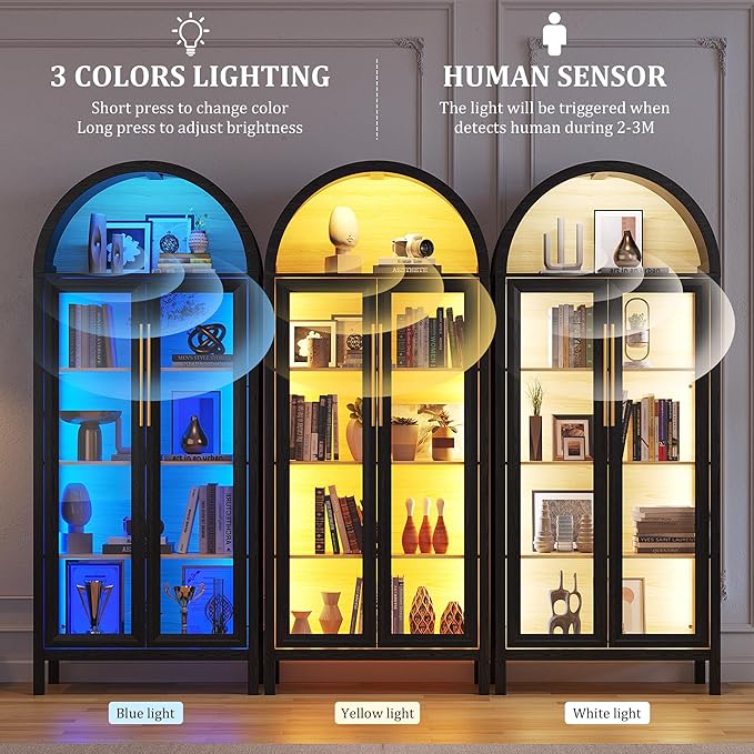 HWB Display Curio Cabinet with Glass Doors, Arched Bookcase 5-Tier Tall Storage - Image 3