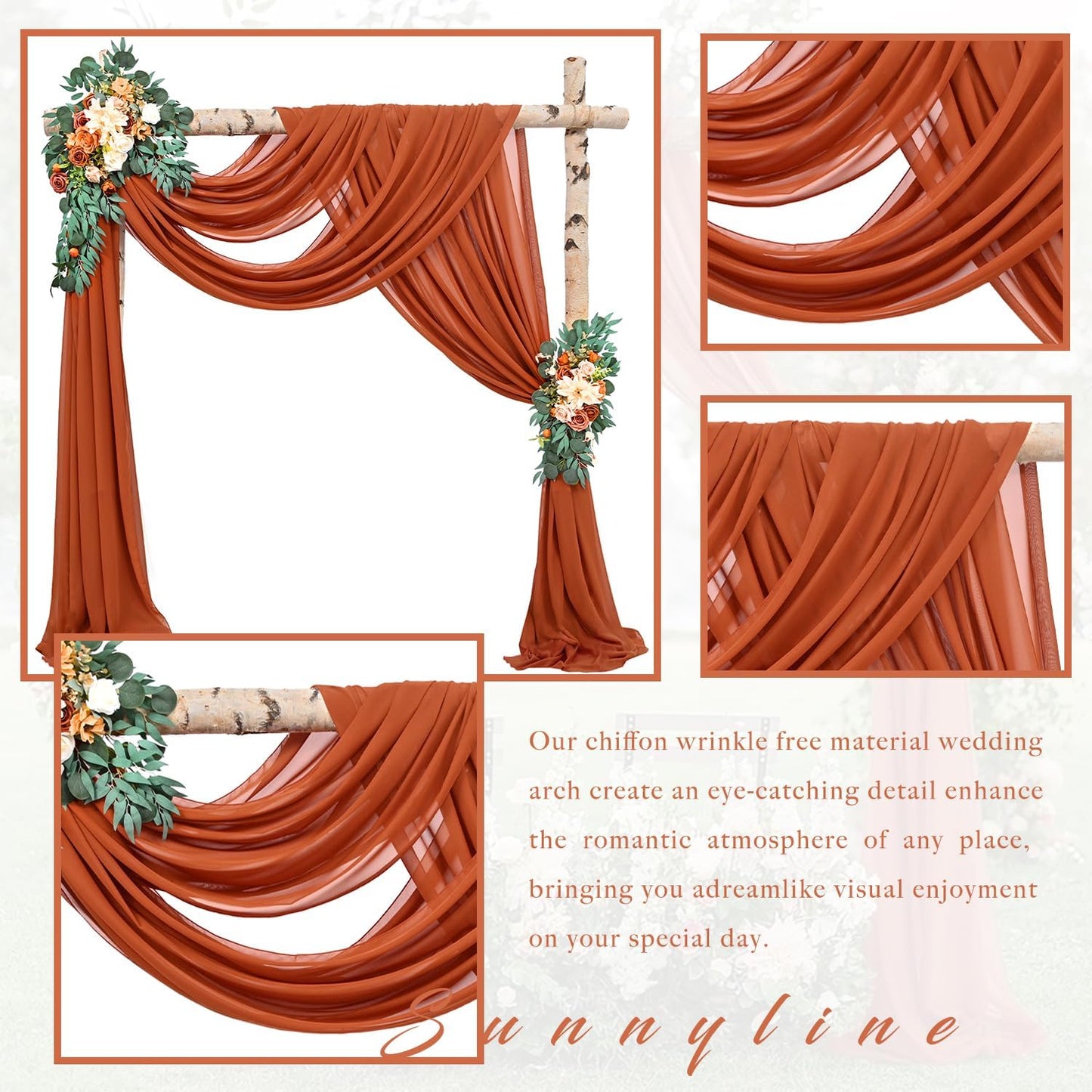 Wedding Arch Draping Fabric 2 Panels 20Ft Length x 28" Width Terracotta Photography Arch Drapes Chiffon Fabric Sheer Curtains Backdrop for Party Bridal Wedding Ceremony Ceiling Stage Reception Decor