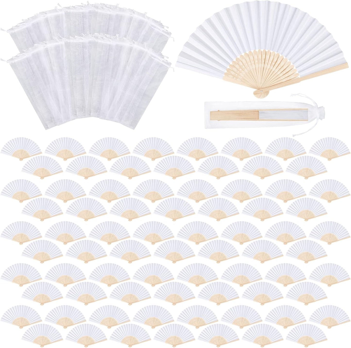 MCEAST 80 Pieces White Folding Paper Fans Wedding Fans Handheld Paper Fan White Bamboo Hand Fan Foldable Cool Favors with 80 Organza Bag for DIY Decor Wedding Party Favors Summer Guest