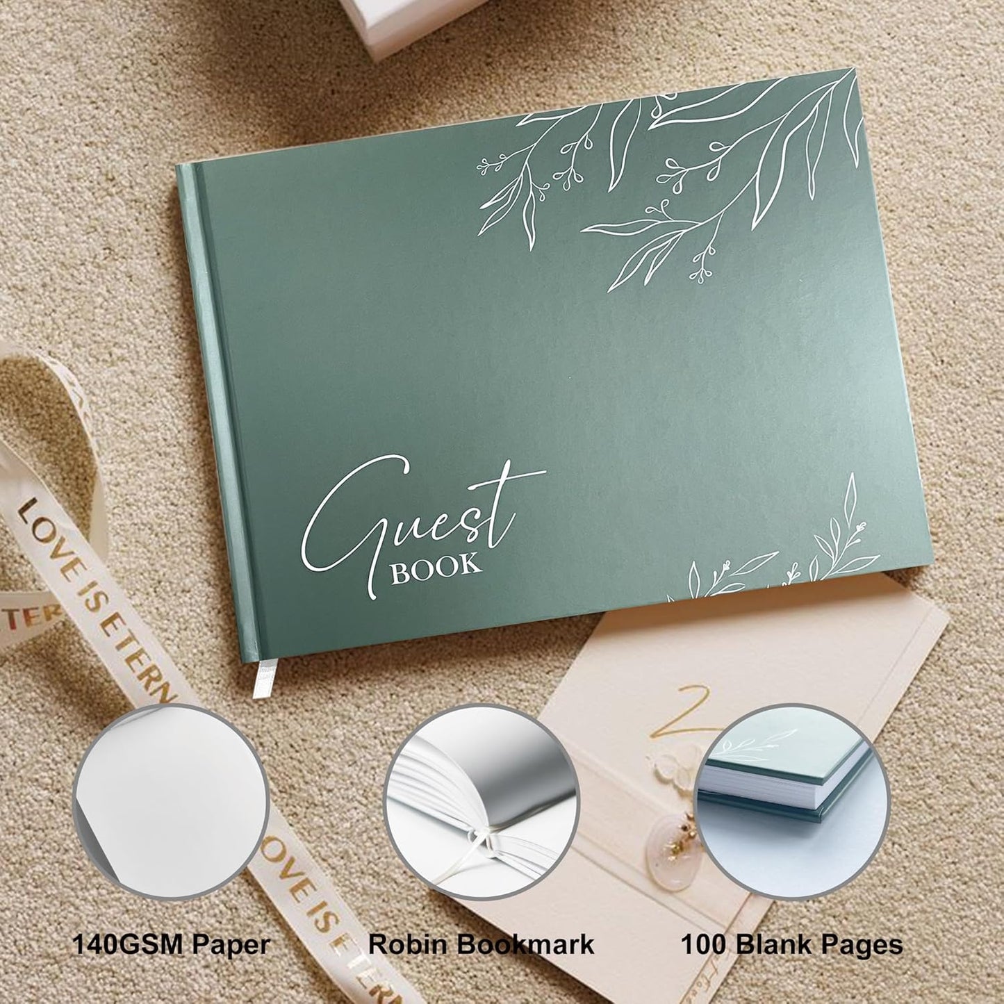 Mr&MrsGifts Elegant Wedding Guest Book Wedding Reception Hard Cover Guest Sign in Book for Bridal and Baby Shower(Sage Green)