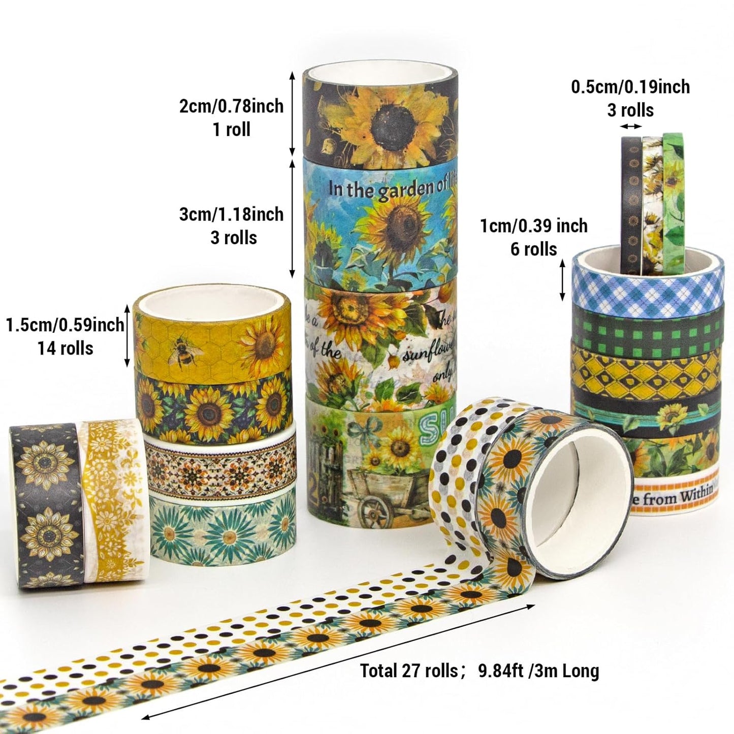 27 Rolls Washi Tape Set - Decorative Masking Tape Colored Sunflower Patterns, Adhesive Artists Tapes for Journaling Supplies, DIY Crafts, Scrapbooking, Junk Journal Supplies, School Supplies