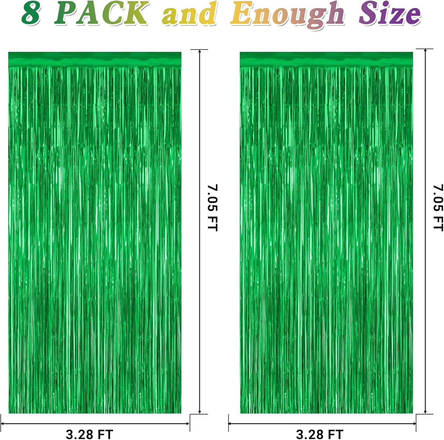 8 Pack Green Streamer, 3.28 FT x 7.05 FT Dinosaur Backdrop, Metallic Tinsel Backdrop FOI Fringe Curtains Party Streamer, Jungle Decor Green Streamer Party Decorations Photo Booth Props