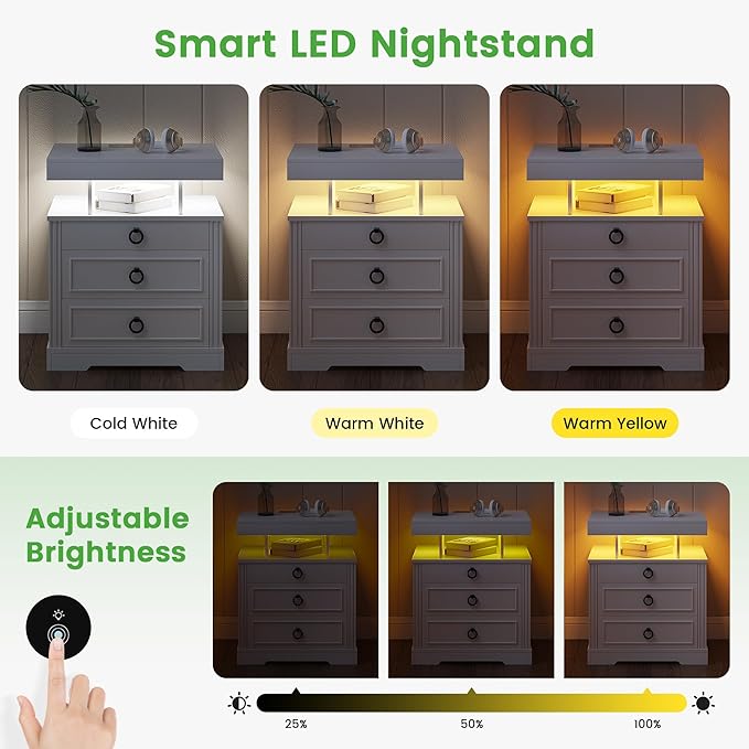 HNEBC Night Stand with Gun Drawers, Farmhouse Nightstand with Charging Station - Image 3