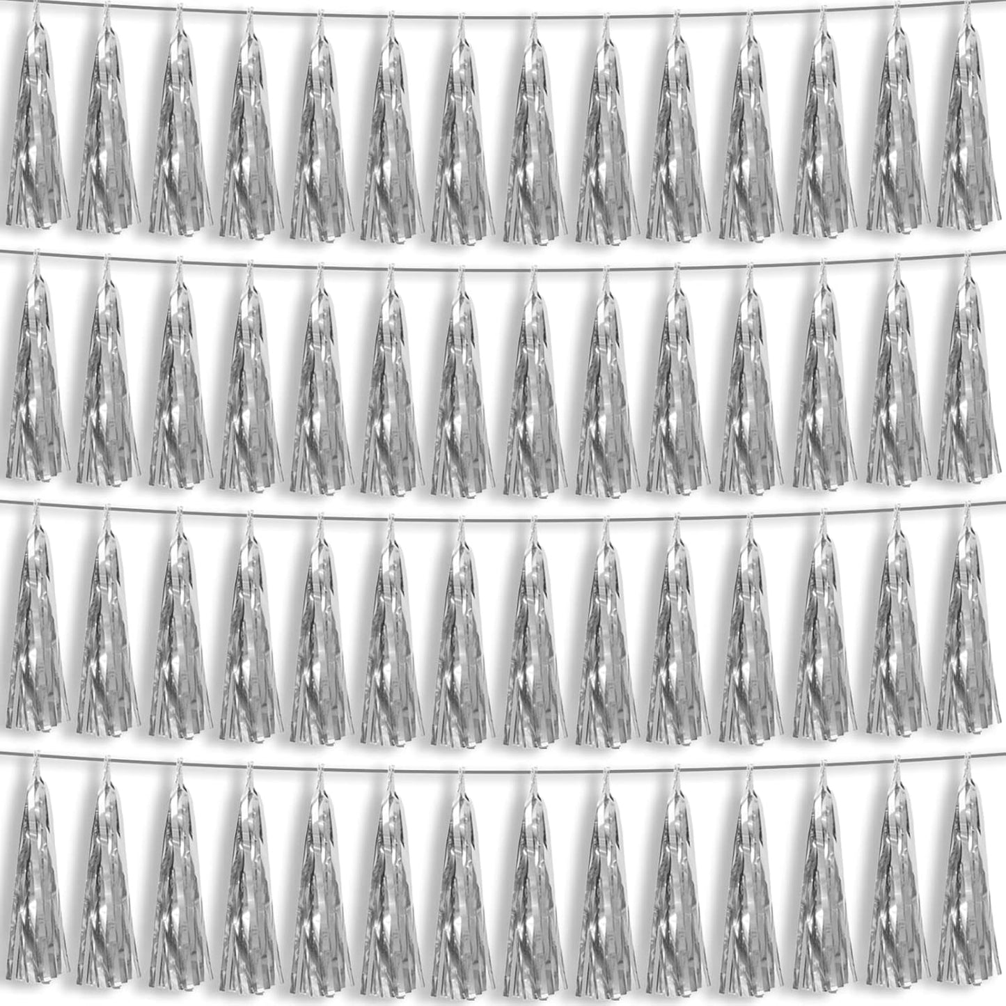 4P Silver Foil Fringe Metallic Tassel Streamers Banner Tassel Garland for Parade Floats, Bachelorette, Wedding, Birthday, Halloween, Christmas, Bridal/Baby Shower Party Decorations