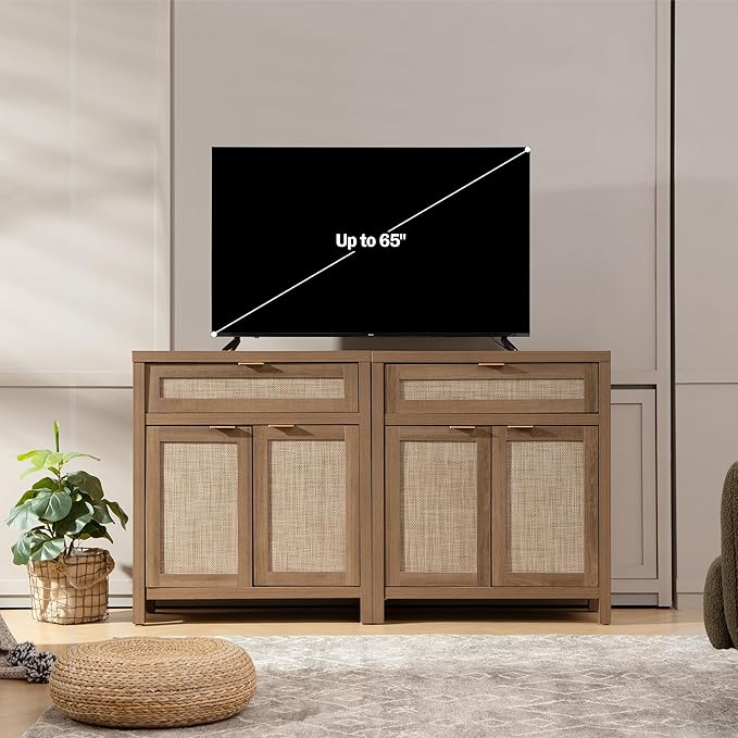 SICOTAS Sideboard Buffet Cabinet Set of 2, Rattan Credenza Storage Cabinet - Image 2