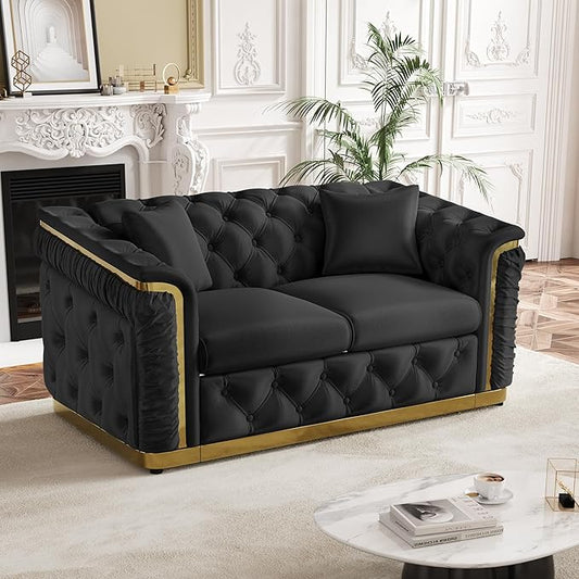 62.2" Luxury Velvet Chesterfield Sofa Tufted Victorian Black and Gold Couch by Nolohoo