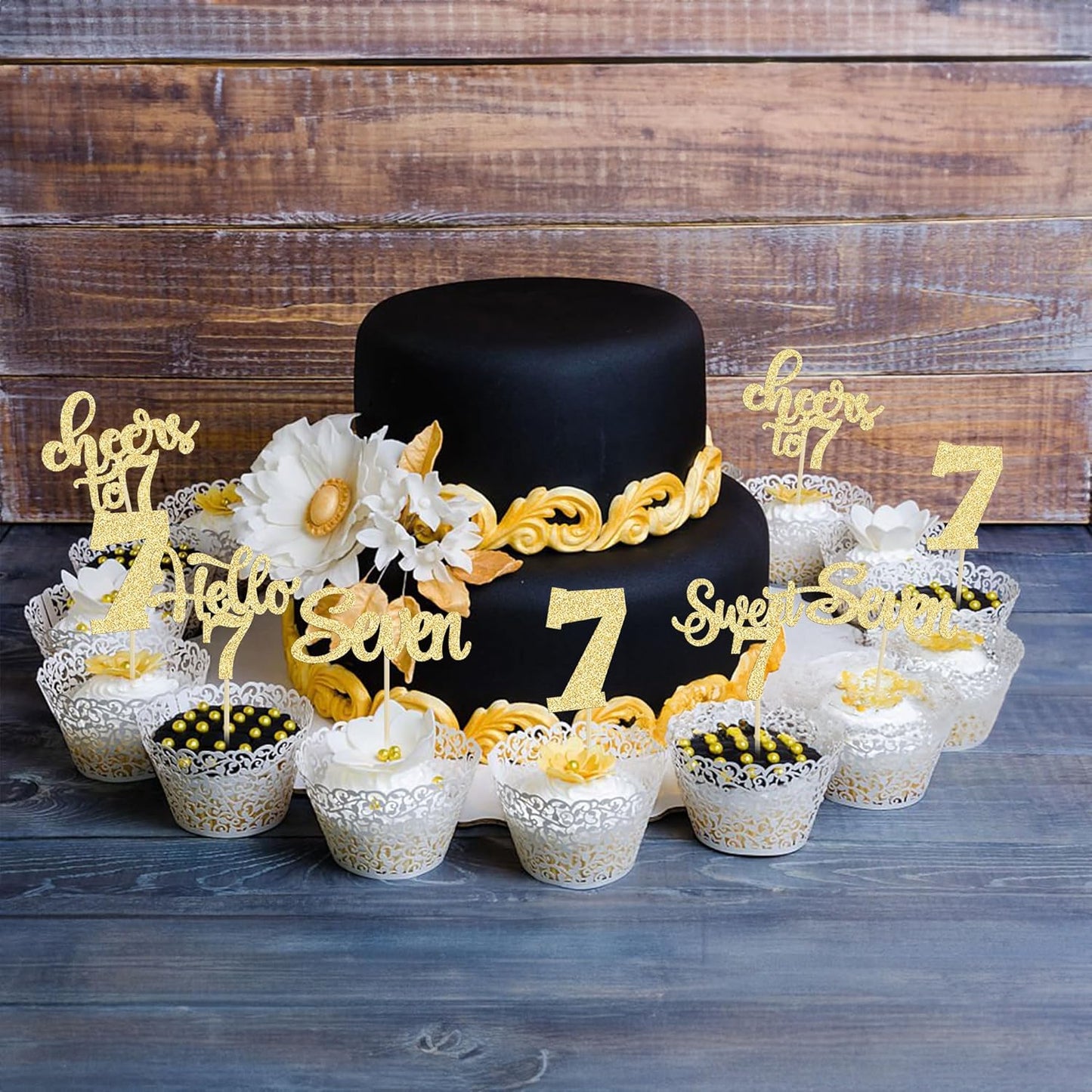 30Pcs 7th Birthday Cupcake Toppers Glitter Seven Happy 7 Cupcake Picks Cheers to 7 Years Old Cake Decorations for 7th Birthday Party Supplies Gold