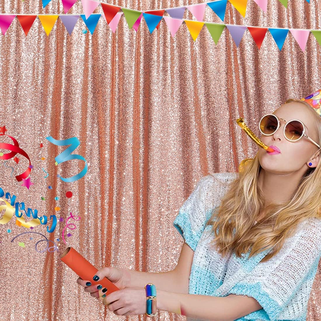 Poise3EHome Rose Gold Sequin Backdrop, 20Ft x 10Ft Glitter Photography Background Curtains for Party Baby Shower Wedding Birthday Christmas Thanksgiving Halloween Decoration