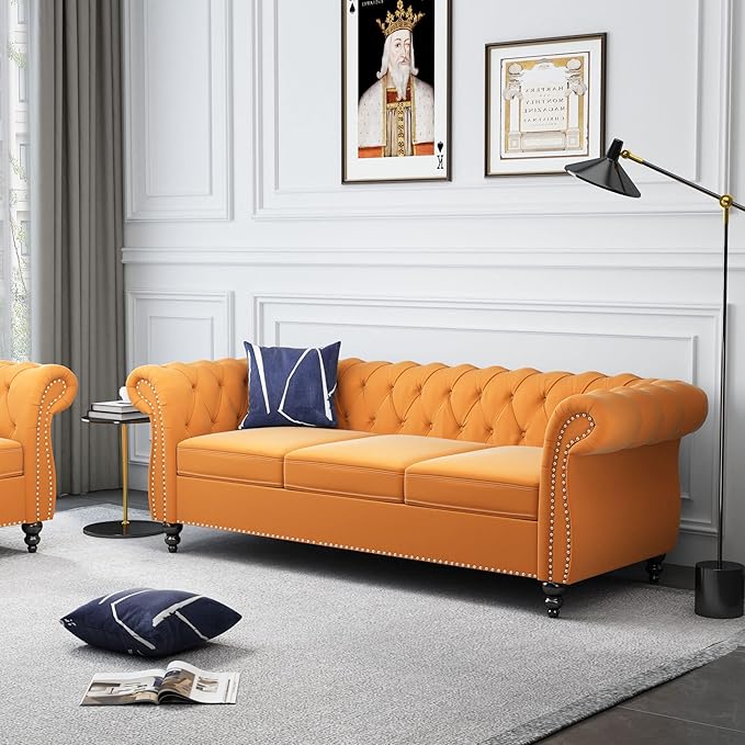 ORRD 2 Piece Living Room Set, Velvet Chesterfield Sofa Couch Chair - Image 4