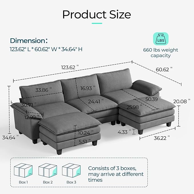 LINSY HOME 123" Modular U-Shaped Sectional Sofa, 3-Seat Corduroy Modern Cloud - Image 2