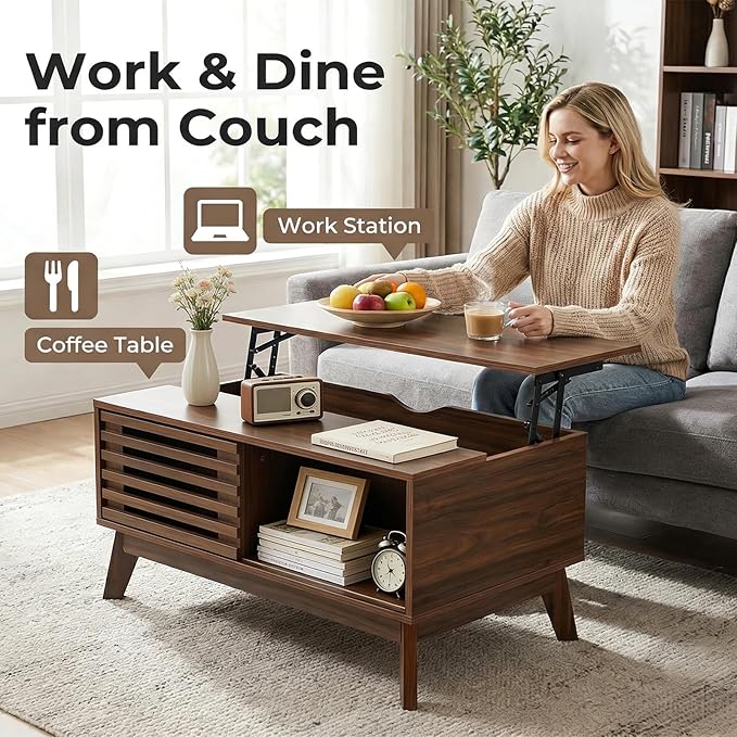 Lift Top Coffee Table with Storage 35 in, Mid Century Modern Living Room Table - Image 4