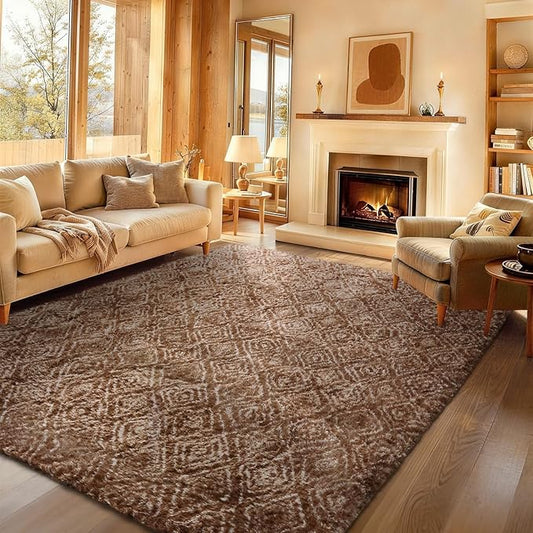 Ophanie 8x10 Brown and White Diamond Striped Rugs by Ophanie