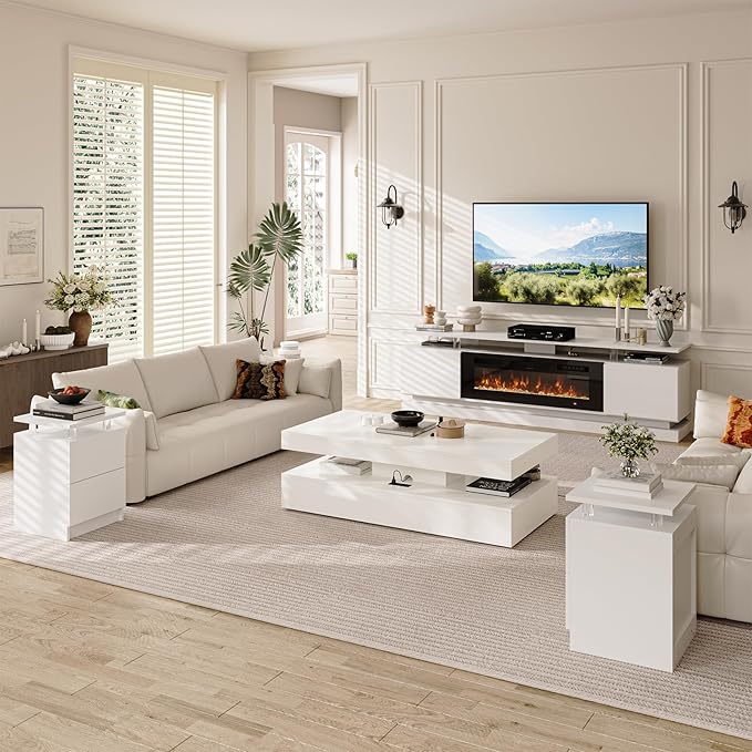4-Piece Modern Living Room Table Set, Includes High Gloss 70" Fireplace TV Stand - Image 5