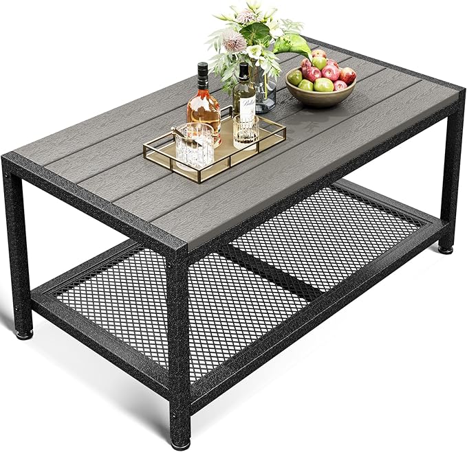 ODK Outdoor Coffee Table with Double-Layer Storage, Rectangle Weather-Resistant by ODK