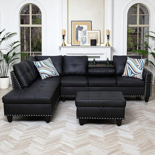 97.5" Leather L Shaped Couch Set Black, Modular Sectional Couches by Topcomfy