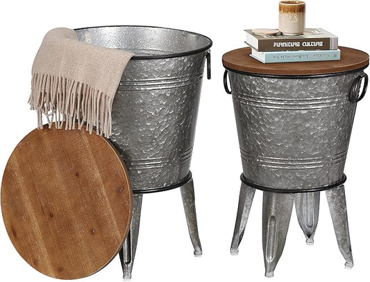 Rustee Rustic Storage Farmhouse Accent Side Table, Antique Galvanized Metal End by Unknown
