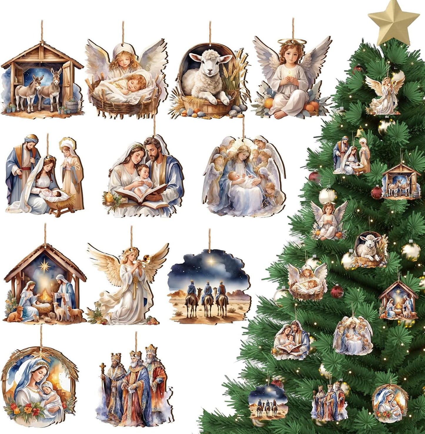 Suzile 36 Pcs Christmas Wooden Ornaments Nativity Ornaments Religious Christmas Decorations for Tree Wreaths Xmas Birth of Jesus Hanging Wood Cutouts Decor for Farmhouse Home Christian Party Favors