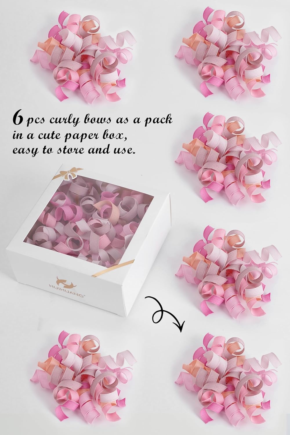 HUIHUANG Dusty Pink & Rose Bows for Gift Wrapping, Self-Adhesive Curly Ribbons for Presents, Wine Bottles, Treat Bags, Birthday & Wedding Favors - 6 Counts